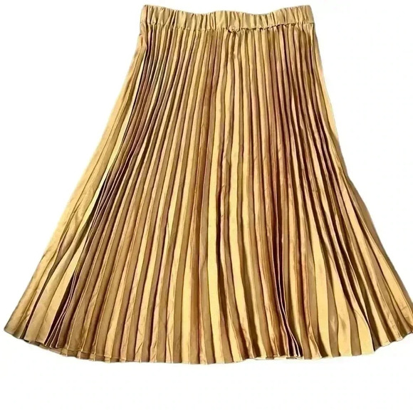 Scotch & Soda Pleated Rich Gold Satin Like Snap Button Midi Skirt Size L - Picture 3 of 7